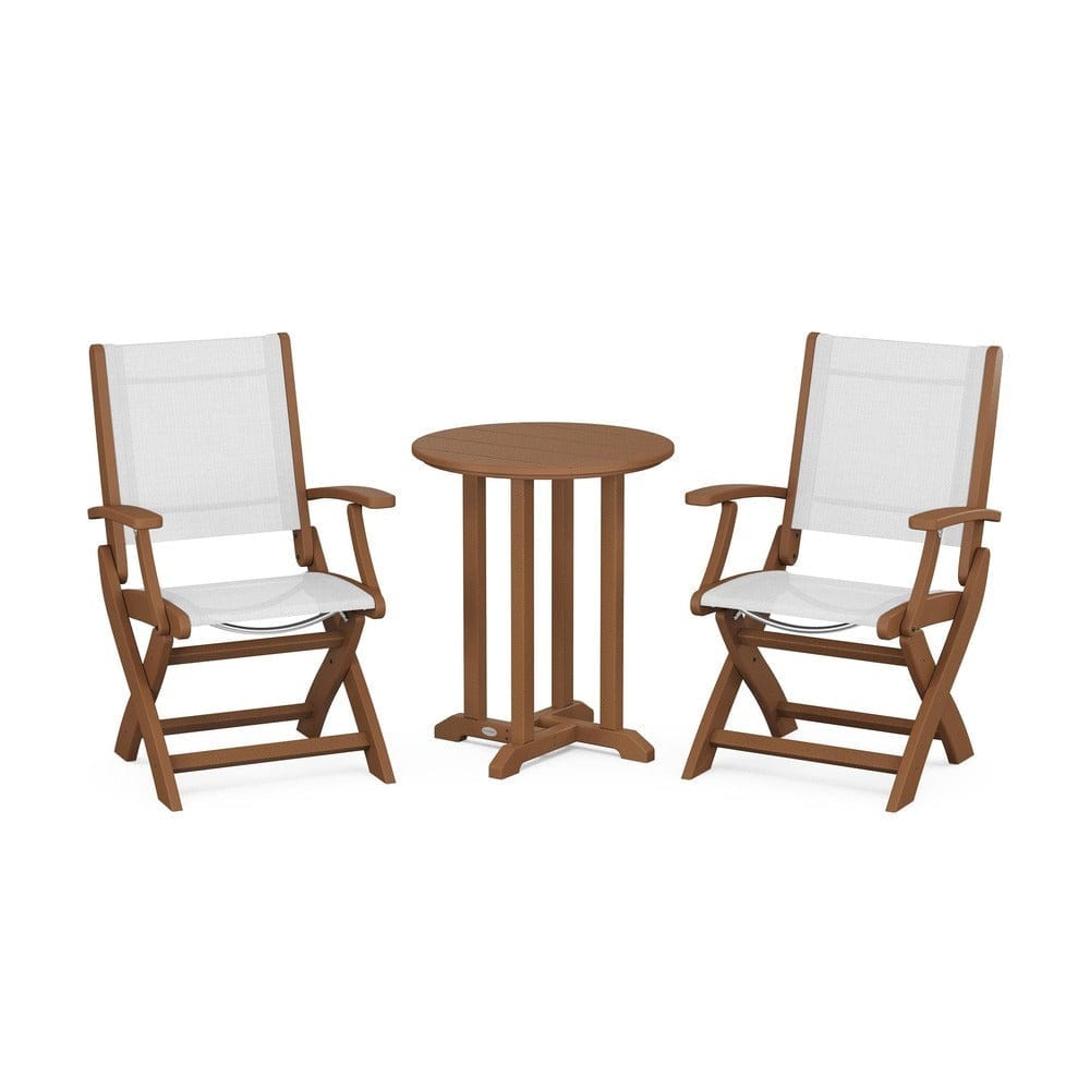 POLYWOOD® Outdoor Furniture Teak / White Sling POLYWOOD® - Coastal Folding 3-Piece Round Bistro Dining Set - PWS1295
