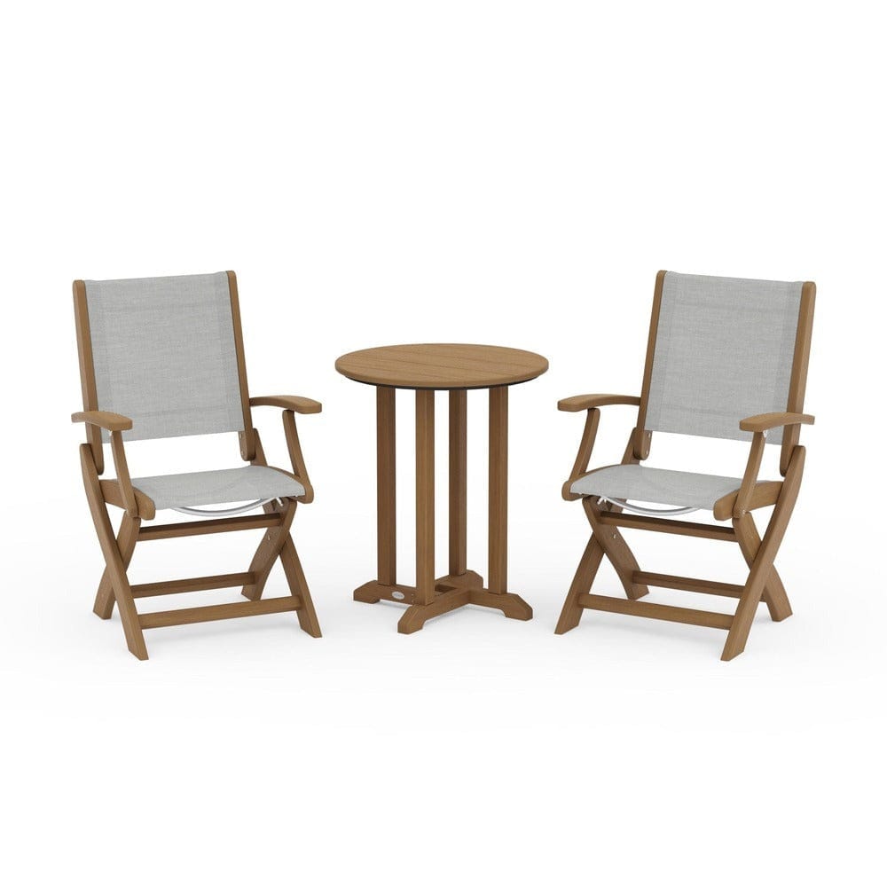 POLYWOOD® Outdoor Furniture Natural / Metallic Sling POLYWOOD® - Coastal Folding 3-Piece Round Bistro Dining Set - PWS1295