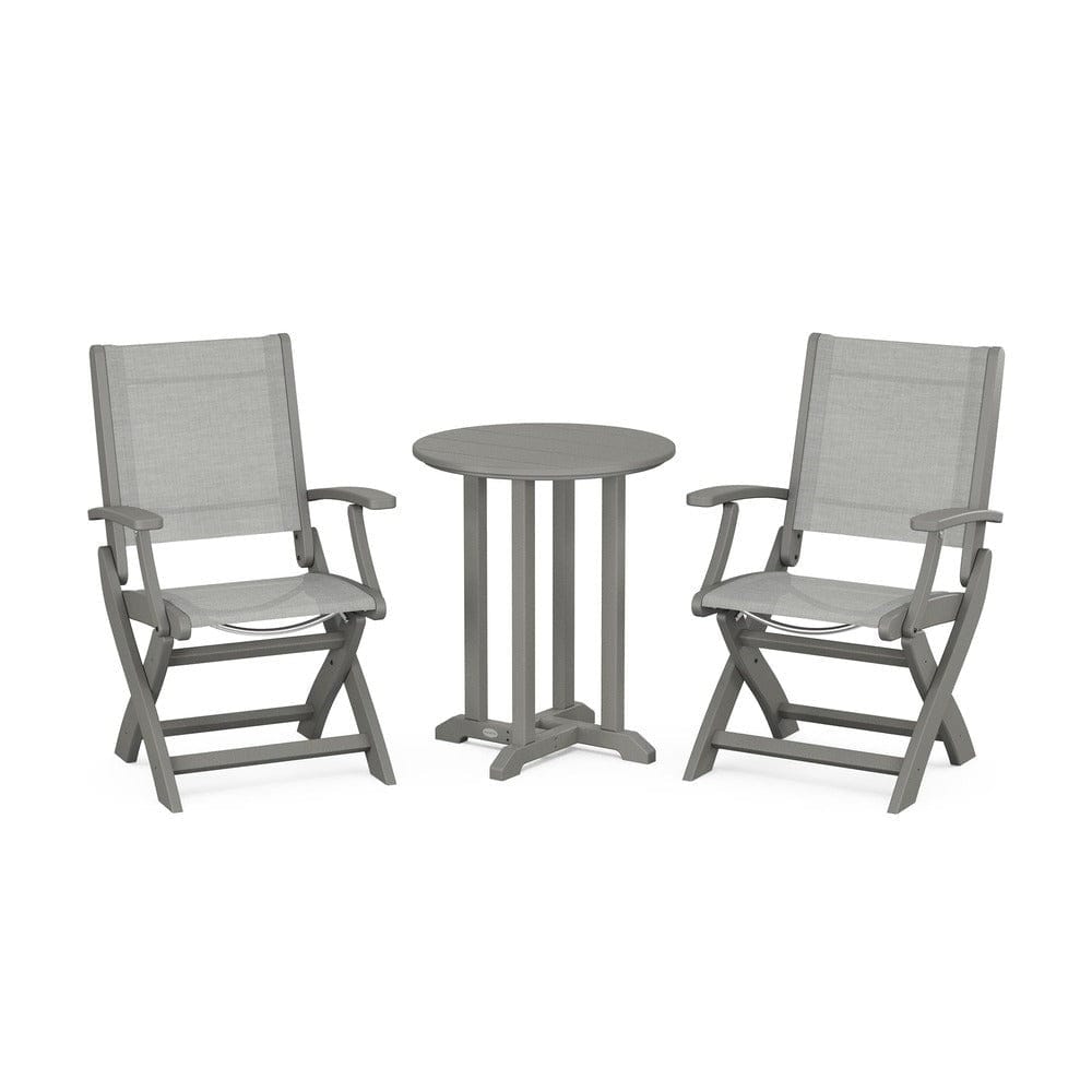 POLYWOOD® Outdoor Furniture Slate Grey / Metallic Sling POLYWOOD® - Coastal Folding 3-Piece Round Bistro Dining Set - PWS1295