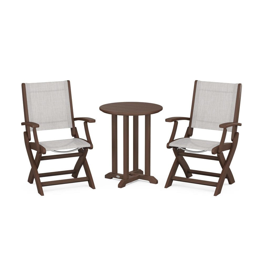 POLYWOOD® Outdoor Furniture Mahogany / Parchment Sling POLYWOOD® - Coastal Folding 3-Piece Round Bistro Dining Set - PWS1295