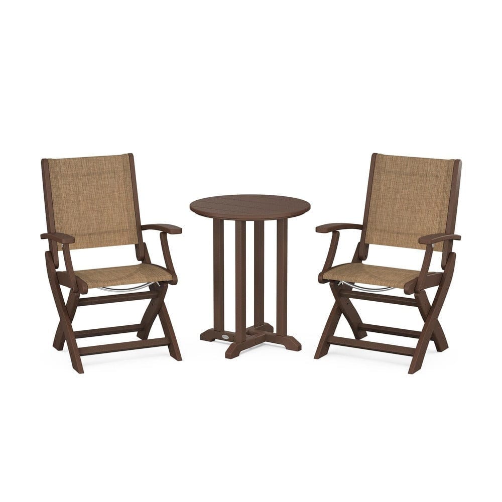 POLYWOOD® Outdoor Furniture Mahogany / Burlap Sling POLYWOOD® - Coastal Folding 3-Piece Round Bistro Dining Set - PWS1295