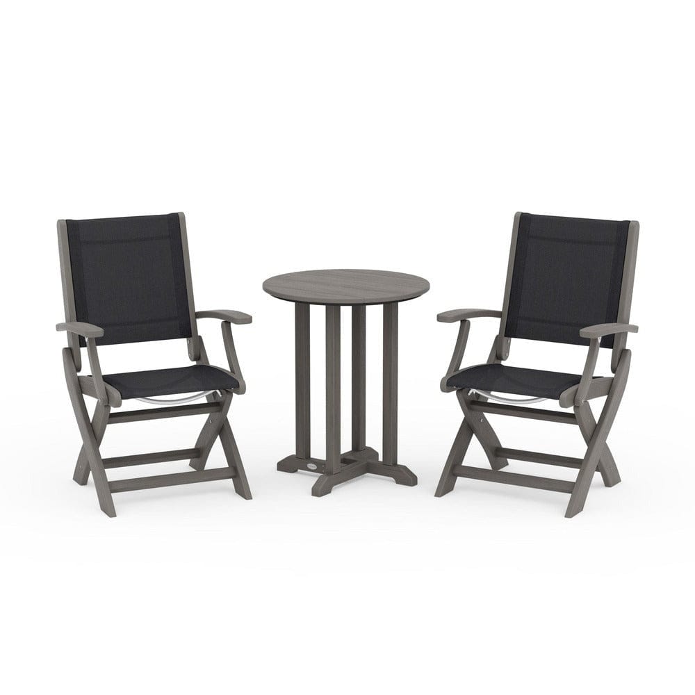 POLYWOOD® Outdoor Furniture Driftwood / Black Sling POLYWOOD® - Coastal Folding 3-Piece Round Bistro Dining Set - PWS1295