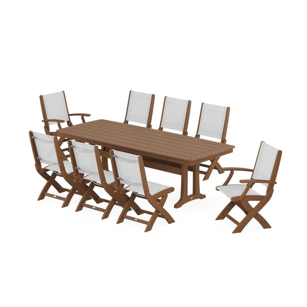 POLYWOOD® Outdoor Furniture Teak / White Sling POLYWOOD® - Coastal Folding 9-Piece Dining Set with Trestle Legs - PWS1501