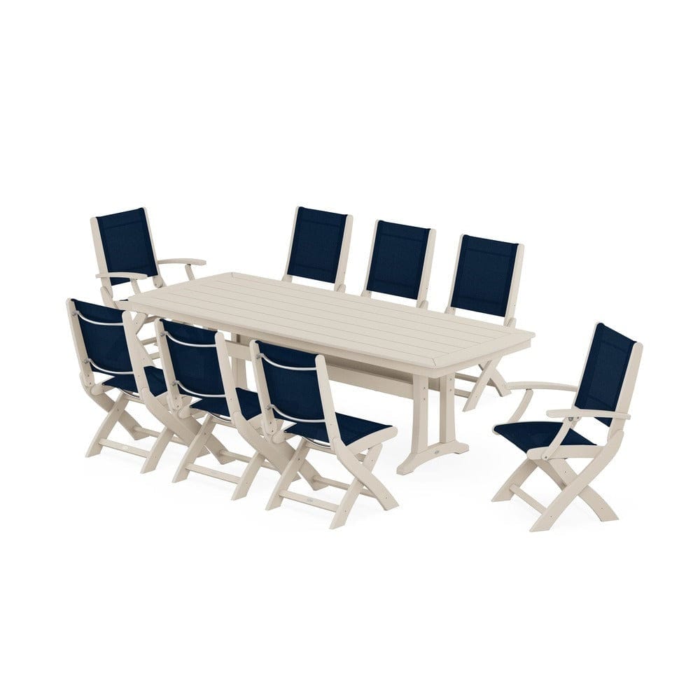 POLYWOOD® Outdoor Furniture Sand / Navy Blue Sling POLYWOOD® - Coastal Folding 9-Piece Dining Set with Trestle Legs - PWS1501