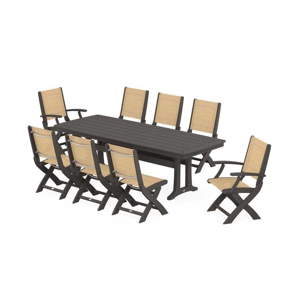 POLYWOOD® Outdoor Furniture Vintage Coffee / Dupioni Apricot Sling POLYWOOD® - Coastal Folding 9-Piece Dining Set with Trestle Legs - PWS1501