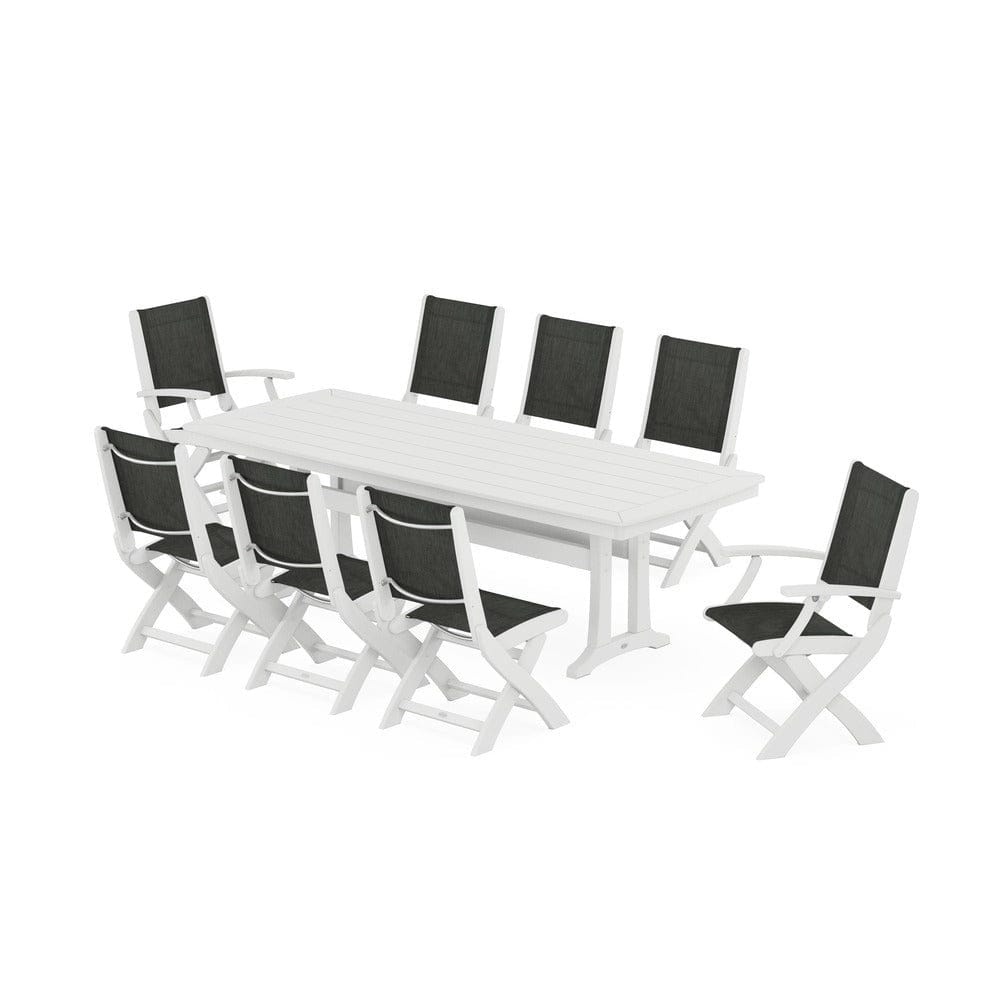 POLYWOOD® Outdoor Furniture White / Ember Sling POLYWOOD® - Coastal Folding 9-Piece Dining Set with Trestle Legs - PWS1501