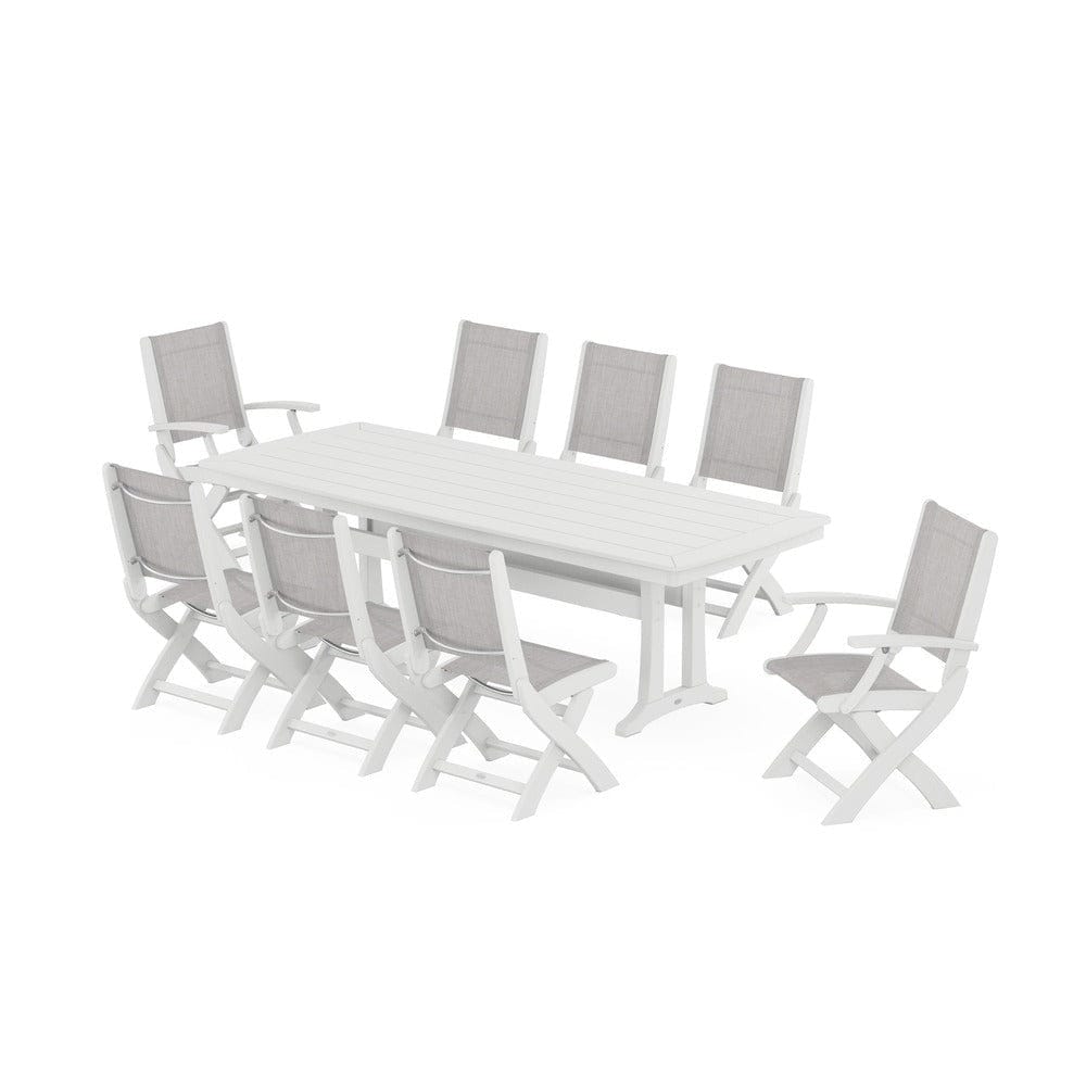 POLYWOOD® Outdoor Furniture White / Parchment Sling POLYWOOD® - Coastal Folding 9-Piece Dining Set with Trestle Legs - PWS1501