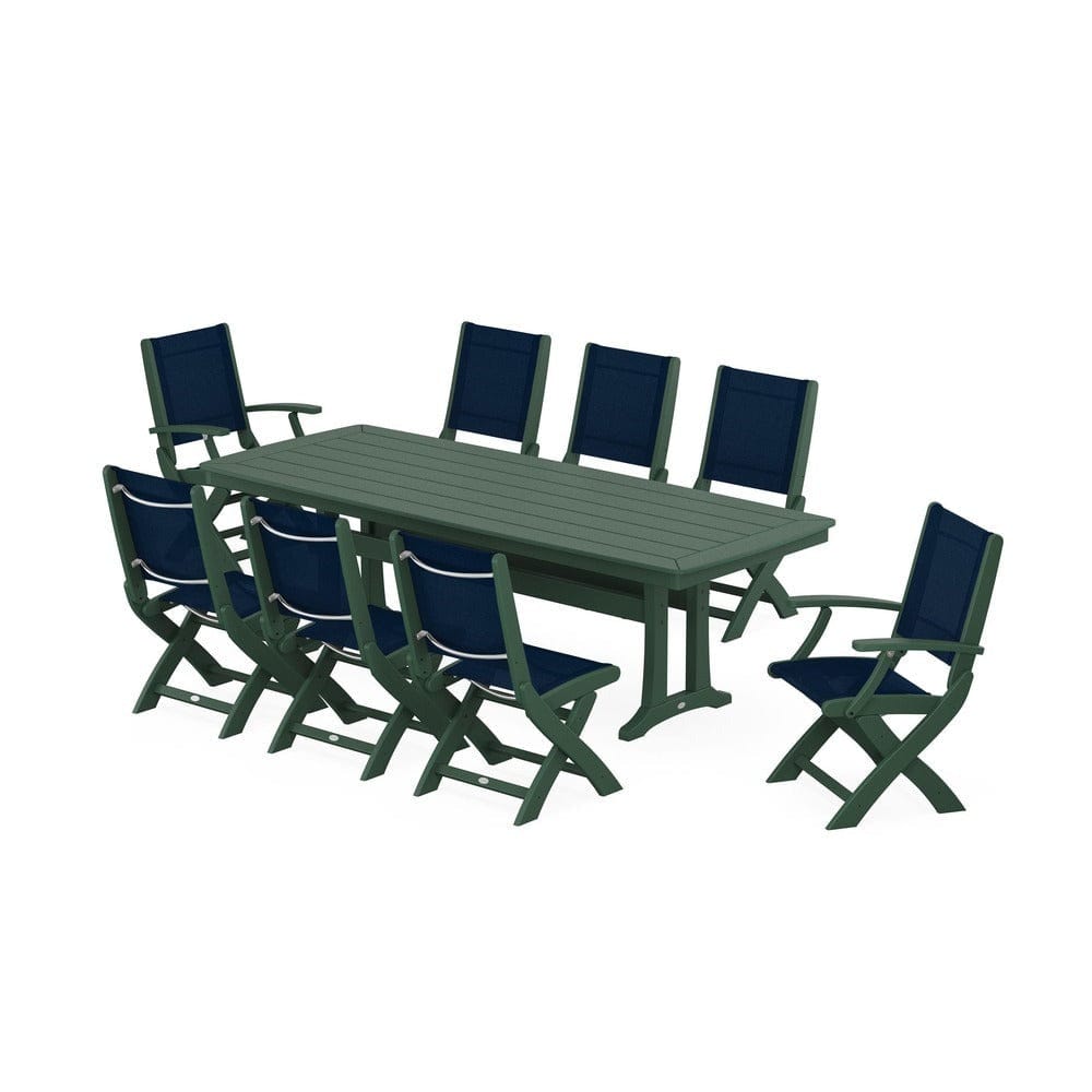 POLYWOOD® Outdoor Furniture Green / Navy Blue Sling POLYWOOD® - Coastal Folding 9-Piece Dining Set with Trestle Legs - PWS1501