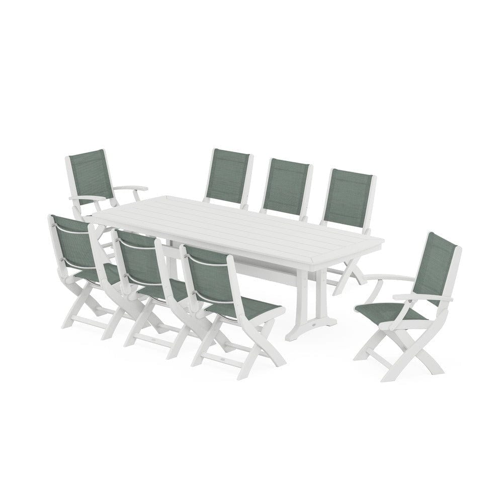 POLYWOOD® Outdoor Furniture White / Dupioni Sea Mist Sling POLYWOOD® - Coastal Folding 9-Piece Dining Set with Trestle Legs - PWS1501