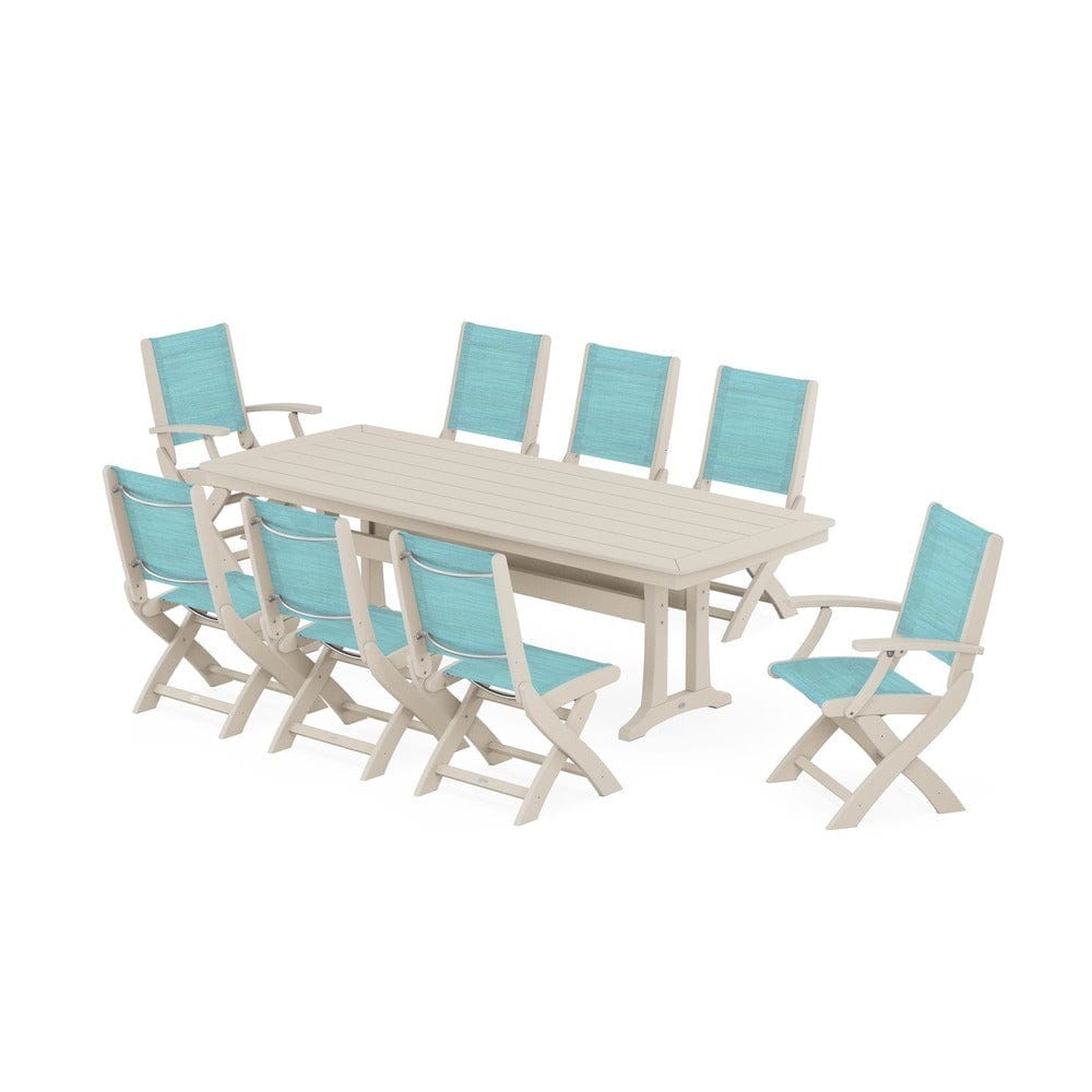 POLYWOOD® Outdoor Furniture Sand / Dupioni Aquamarine Sling POLYWOOD® - Coastal Folding 9-Piece Dining Set with Trestle Legs - PWS1501