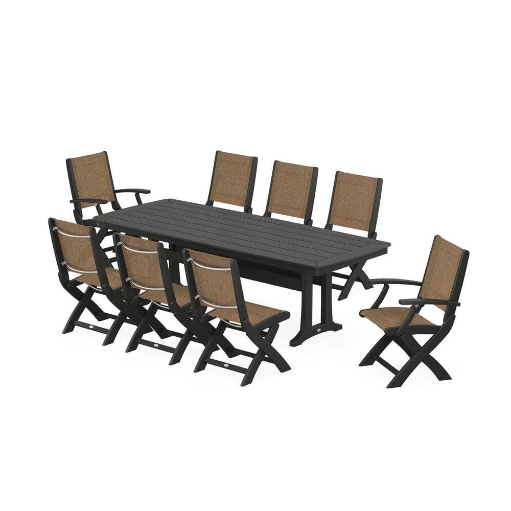 POLYWOOD® Outdoor Furniture Black / Burlap Sling POLYWOOD® - Coastal Folding 9-Piece Dining Set with Trestle Legs - PWS1501