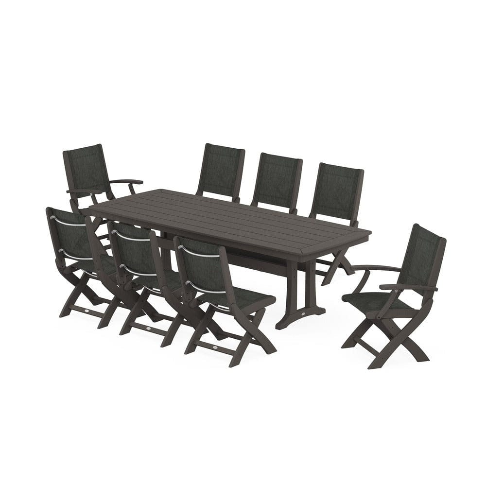 POLYWOOD® Outdoor Furniture Vintage Coffee / Ember Sling POLYWOOD® - Coastal Folding 9-Piece Dining Set with Trestle Legs - PWS1501