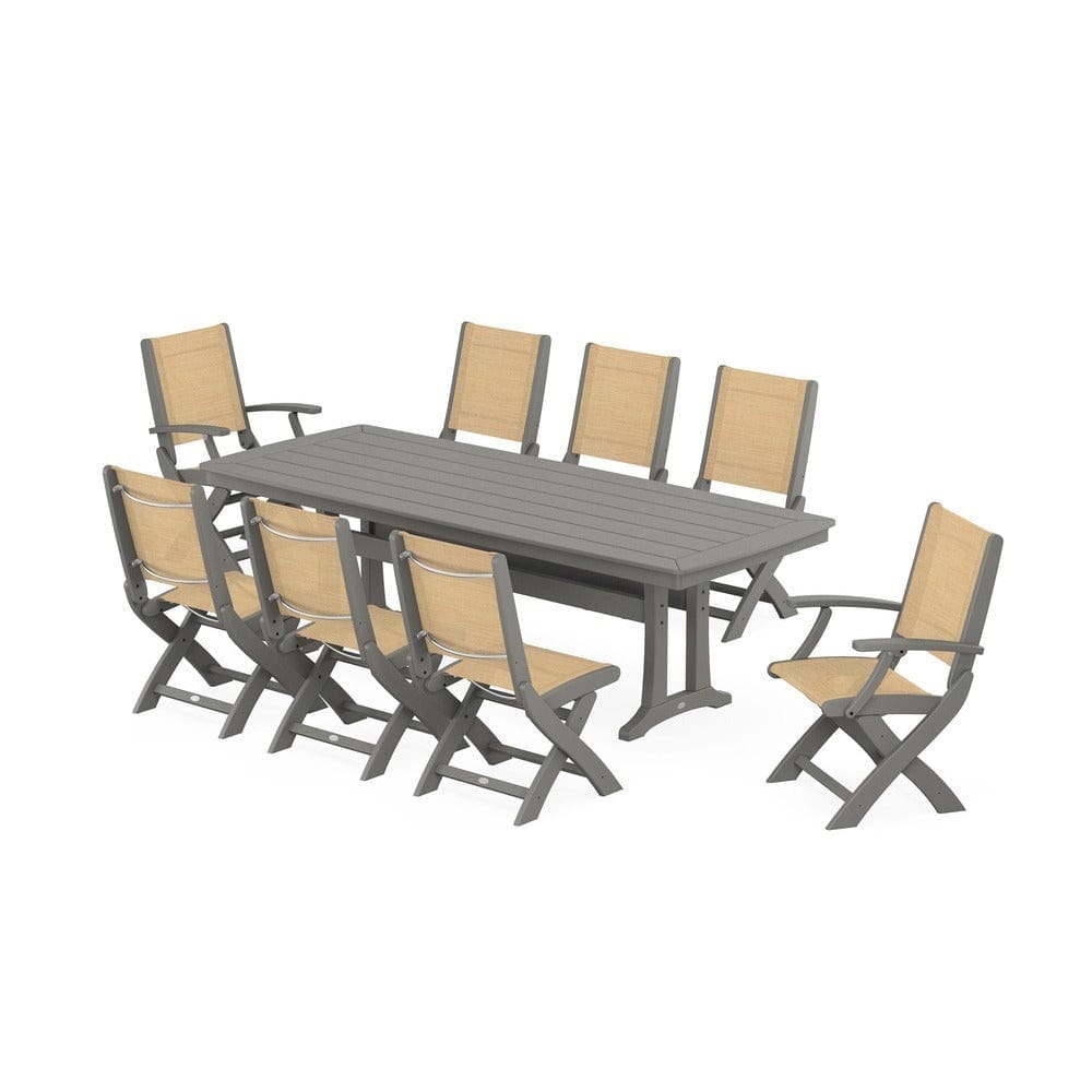 POLYWOOD® Outdoor Furniture Slate Grey / Dupioni Apricot Sling POLYWOOD® - Coastal Folding 9-Piece Dining Set with Trestle Legs - PWS1501