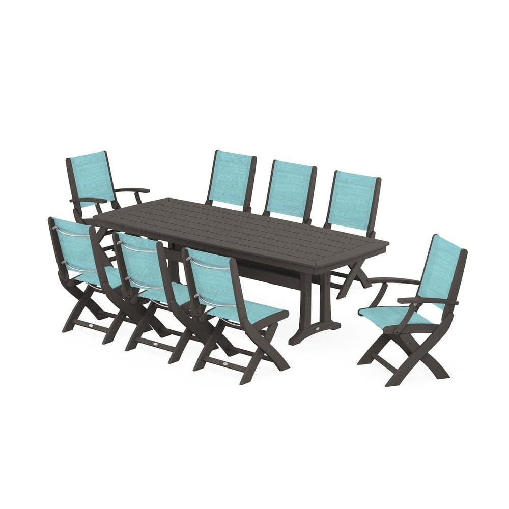 POLYWOOD® Outdoor Furniture Vintage Coffee / Dupioni Aquamarine Sling POLYWOOD® - Coastal Folding 9-Piece Dining Set with Trestle Legs - PWS1501