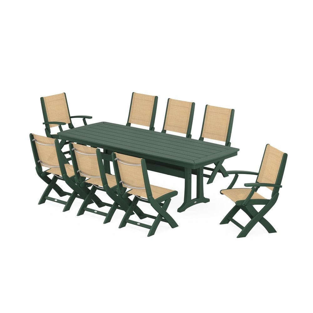 POLYWOOD® Outdoor Furniture Green / Dupioni Apricot Sling POLYWOOD® - Coastal Folding 9-Piece Dining Set with Trestle Legs - PWS1501