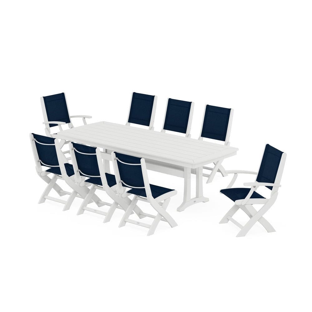 POLYWOOD® Outdoor Furniture White / Navy Blue Sling POLYWOOD® - Coastal Folding 9-Piece Dining Set with Trestle Legs - PWS1501