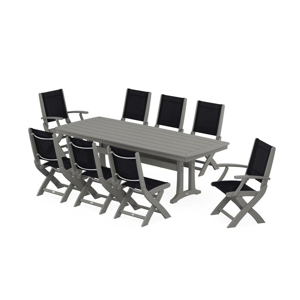 POLYWOOD® Outdoor Furniture Slate Grey / Black Sling POLYWOOD® - Coastal Folding 9-Piece Dining Set with Trestle Legs - PWS1501