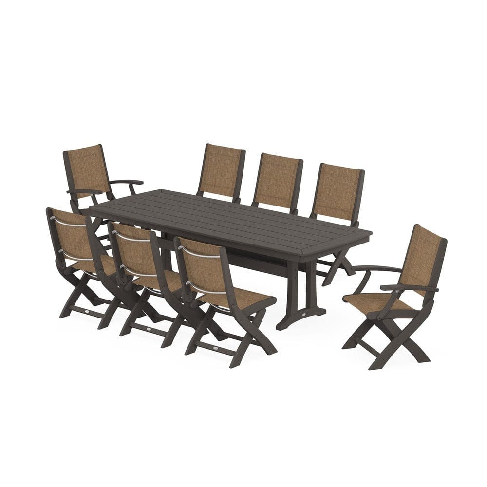 POLYWOOD® Outdoor Furniture Vintage Coffee / Burlap Sling POLYWOOD® - Coastal Folding 9-Piece Dining Set with Trestle Legs - PWS1501