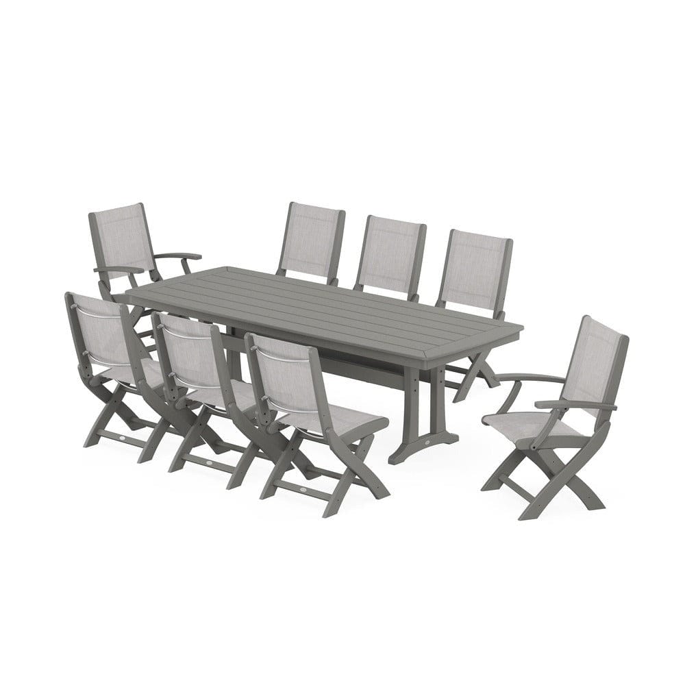 POLYWOOD® Outdoor Furniture Slate Grey / Parchment Sling POLYWOOD® - Coastal Folding 9-Piece Dining Set with Trestle Legs - PWS1501