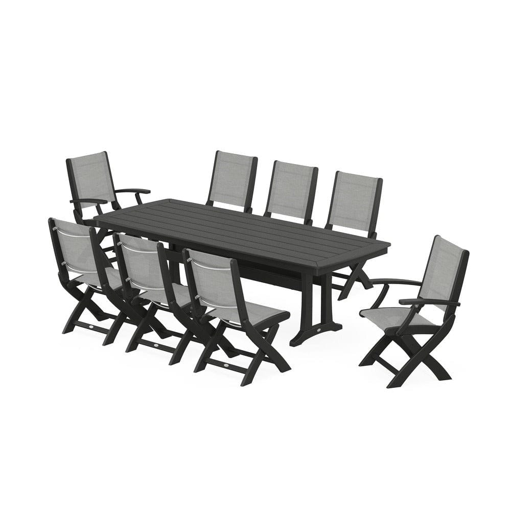 POLYWOOD® Outdoor Furniture Black / Metallic Sling POLYWOOD® - Coastal Folding 9-Piece Dining Set with Trestle Legs - PWS1501