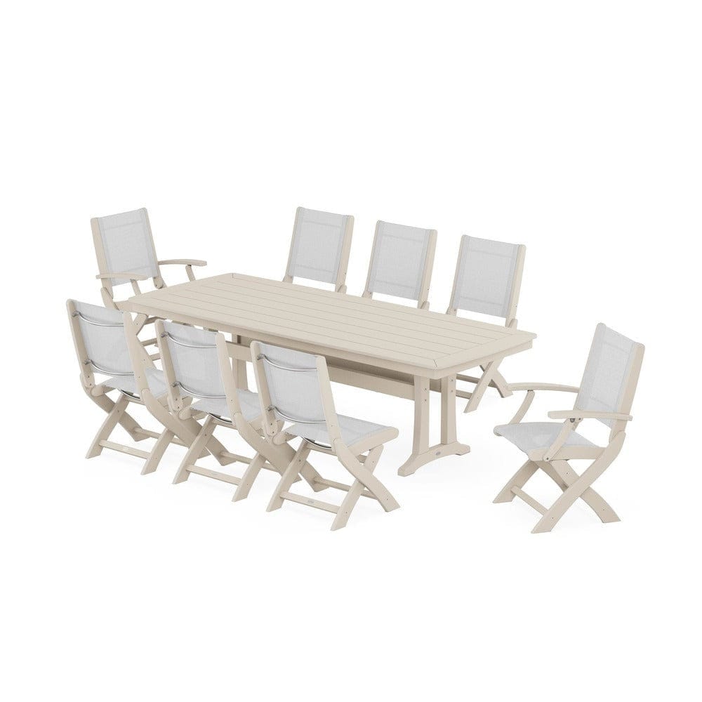 POLYWOOD® Outdoor Furniture Sand / White Sling POLYWOOD® - Coastal Folding 9-Piece Dining Set with Trestle Legs - PWS1501