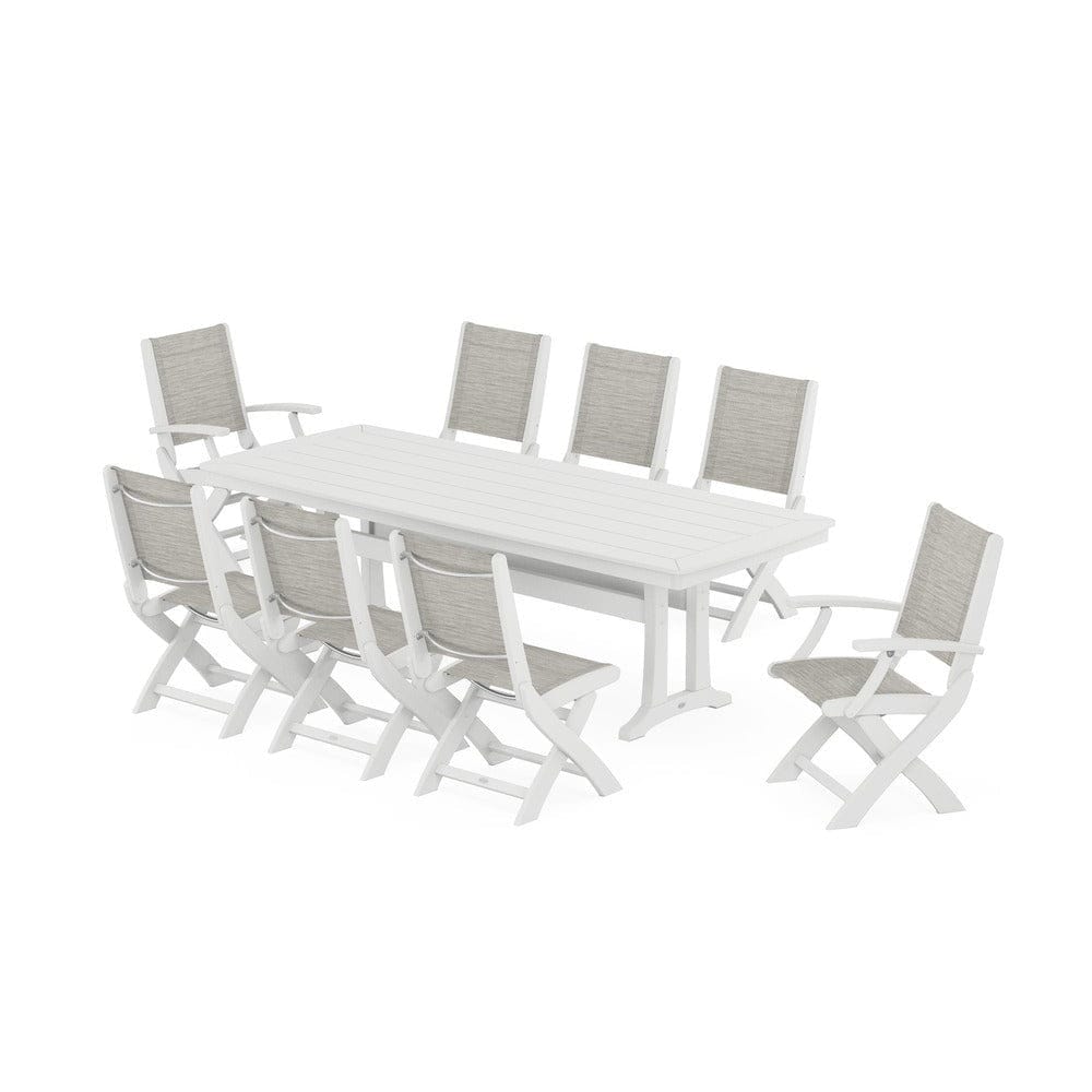 POLYWOOD® Outdoor Furniture White / Birch Sling POLYWOOD® - Coastal Folding 9-Piece Dining Set with Trestle Legs - PWS1501
