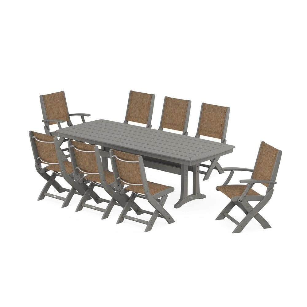 POLYWOOD® Outdoor Furniture Slate Grey / Burlap Sling POLYWOOD® - Coastal Folding 9-Piece Dining Set with Trestle Legs - PWS1501