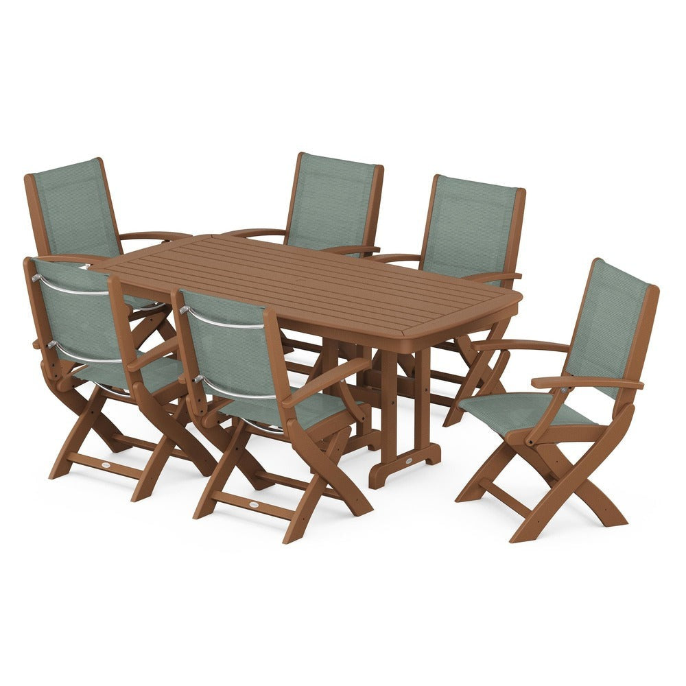 POLYWOOD® Outdoor Furniture Teak / Dupioni Sea Mist Sling POLYWOOD® - Coastal Folding Arm Chair 7-Piece Dining Set - PWS154-1