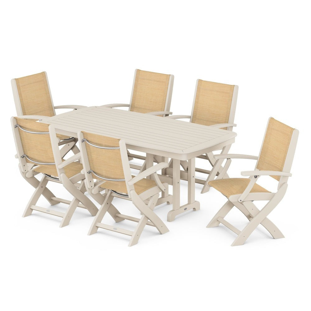 POLYWOOD® Outdoor Furniture Sand / Dupioni Apricot Sling POLYWOOD® - Coastal Folding Arm Chair 7-Piece Dining Set - PWS154-1