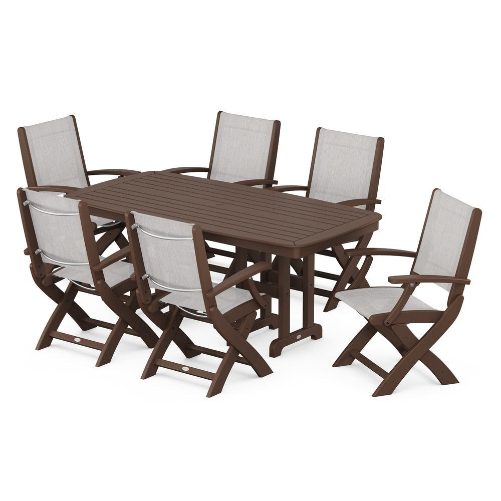 POLYWOOD® Outdoor Furniture Mahogany / Parchment Sling POLYWOOD® - Coastal Folding Arm Chair 7-Piece Dining Set - PWS154-1