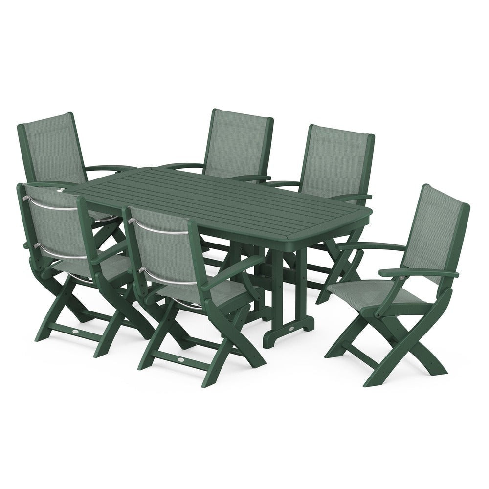 POLYWOOD® Outdoor Furniture Green / Dupioni Sea Mist Sling POLYWOOD® - Coastal Folding Arm Chair 7-Piece Dining Set - PWS154-1