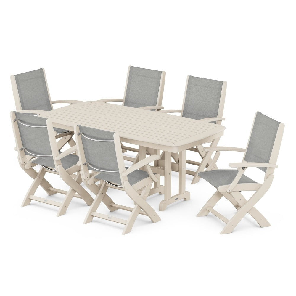 POLYWOOD® Outdoor Furniture Sand / Metallic Sling POLYWOOD® - Coastal Folding Arm Chair 7-Piece Dining Set - PWS154-1