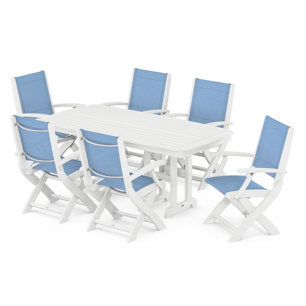POLYWOOD® Outdoor Furniture White / Poolside Sling POLYWOOD® - Coastal Folding Arm Chair 7-Piece Dining Set - PWS154-1