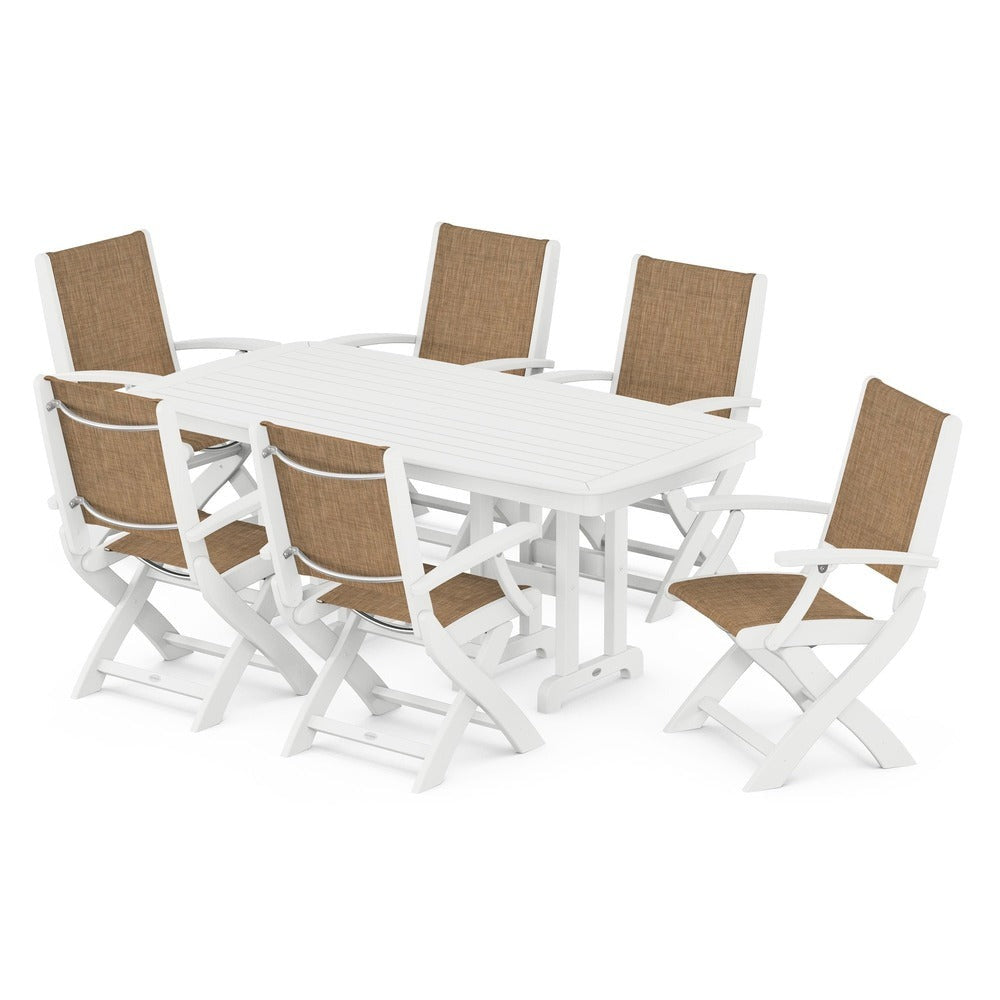 POLYWOOD® Outdoor Furniture White / Burlap Sling POLYWOOD® - Coastal Folding Arm Chair 7-Piece Dining Set - PWS154-1