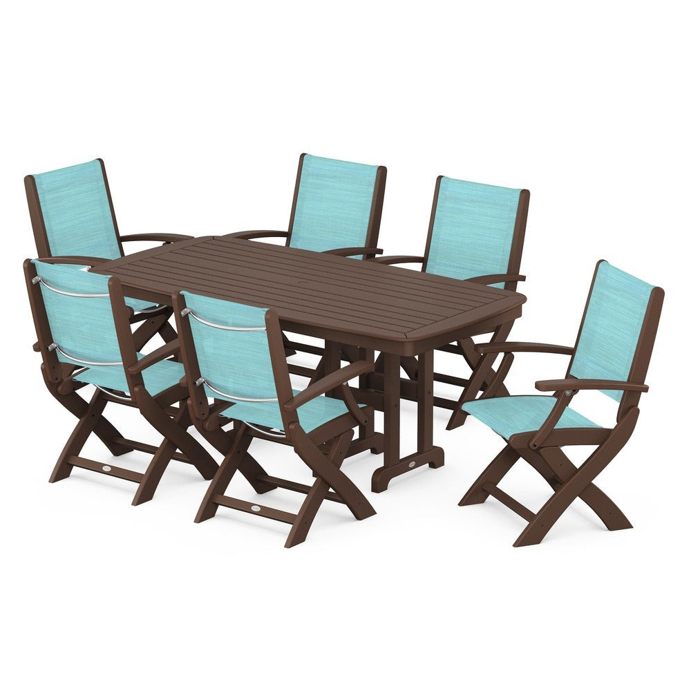 POLYWOOD® Outdoor Furniture Mahogany / Dupioni Aquamarine Sling POLYWOOD® - Coastal Folding Arm Chair 7-Piece Dining Set - PWS154-1