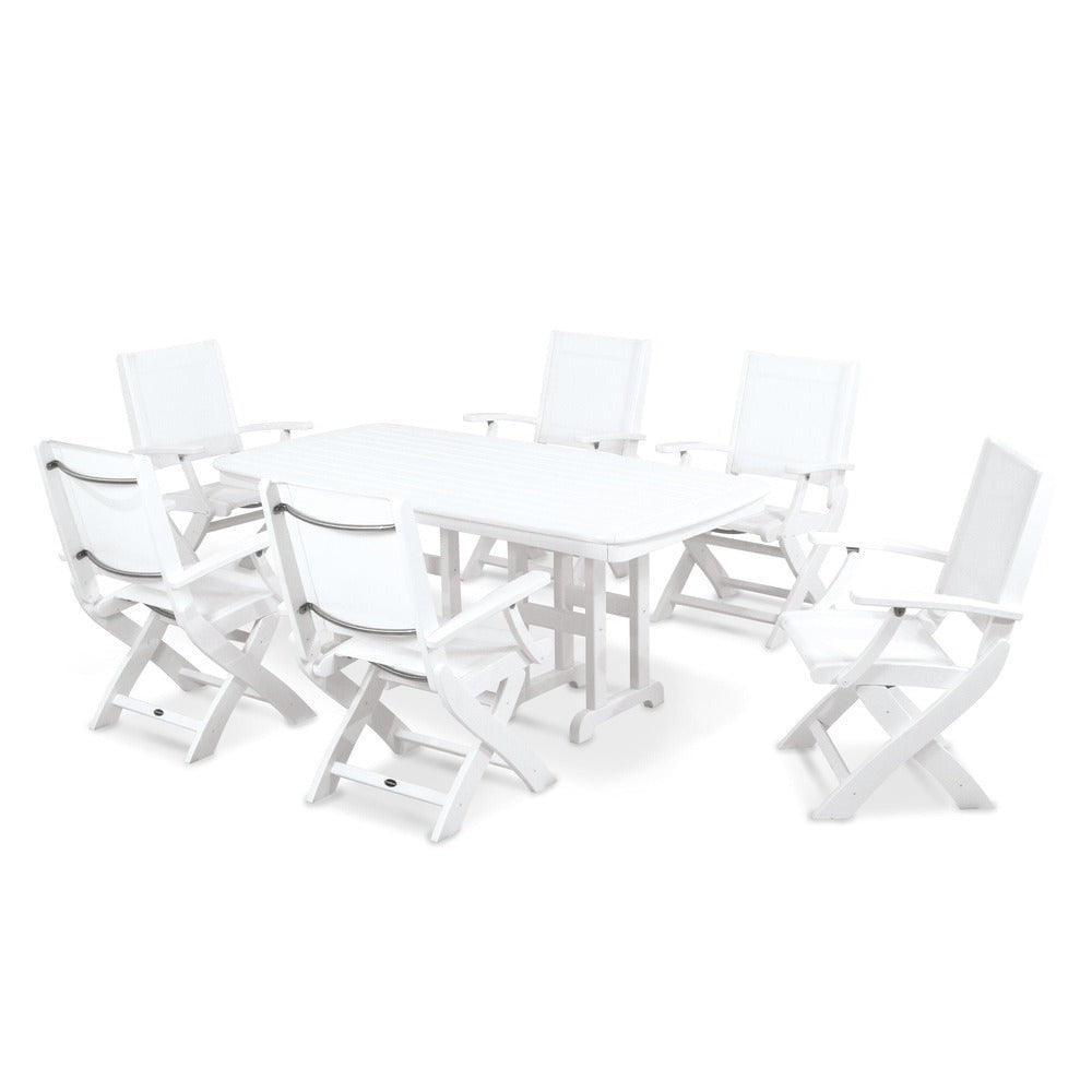 POLYWOOD® Outdoor Furniture White / White Sling POLYWOOD® - Coastal Folding Arm Chair 7-Piece Dining Set - PWS154-1