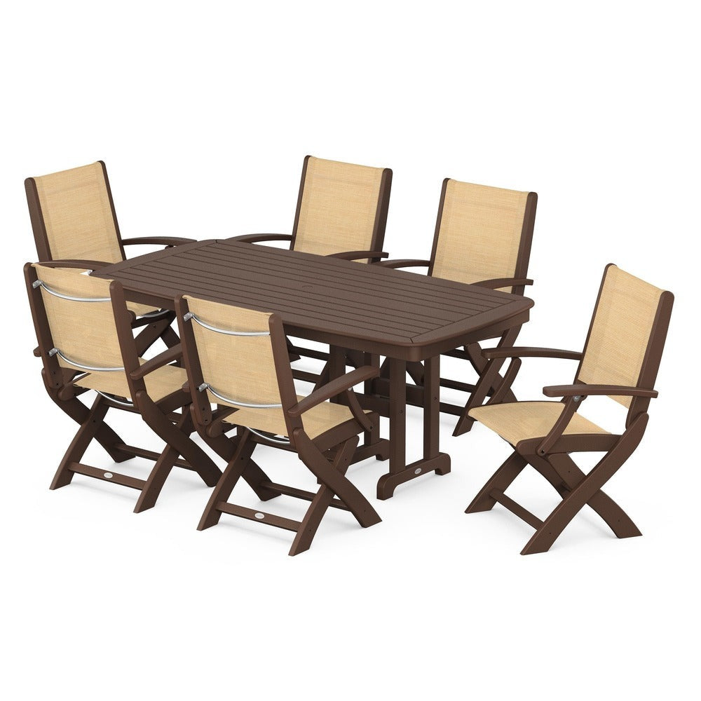 POLYWOOD® Outdoor Furniture Mahogany / Dupioni Apricot Sling POLYWOOD® - Coastal Folding Arm Chair 7-Piece Dining Set - PWS154-1