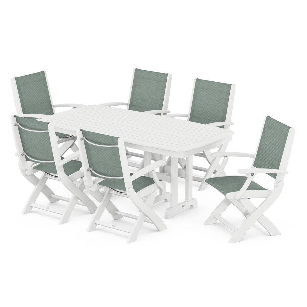 POLYWOOD® Outdoor Furniture White / Dupioni Sea Mist Sling POLYWOOD® - Coastal Folding Arm Chair 7-Piece Dining Set - PWS154-1