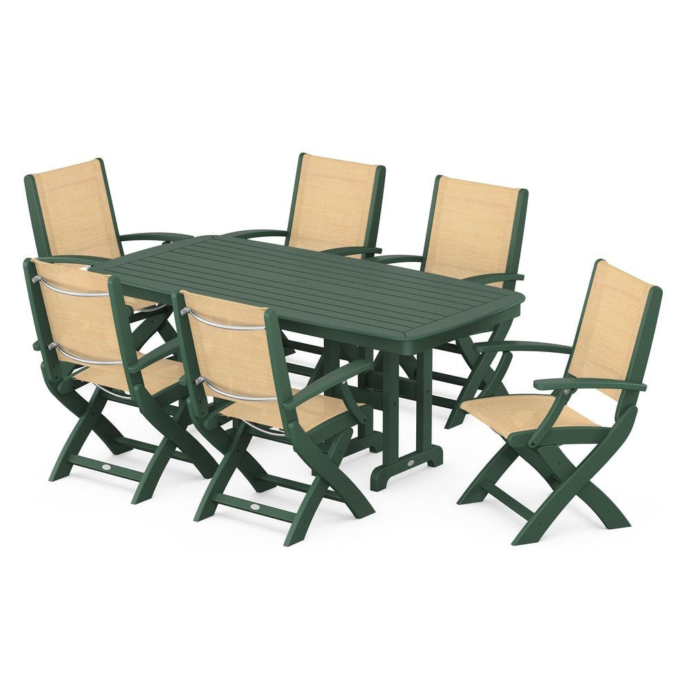 POLYWOOD® Outdoor Furniture Green / Dupioni Apricot Sling POLYWOOD® - Coastal Folding Arm Chair 7-Piece Dining Set - PWS154-1