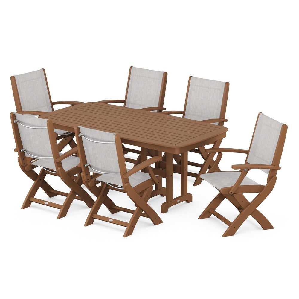 POLYWOOD® Outdoor Furniture Teak / Parchment Sling POLYWOOD® - Coastal Folding Arm Chair 7-Piece Dining Set - PWS154-1