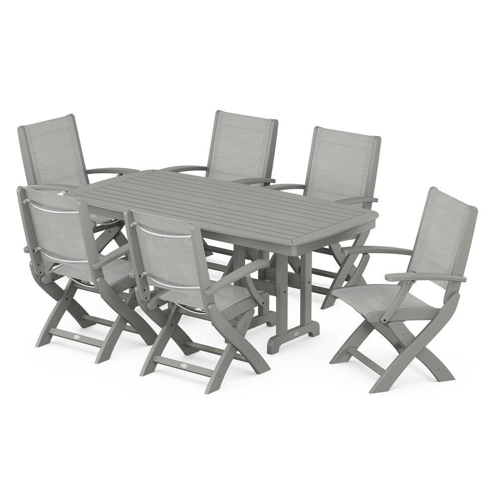POLYWOOD® Outdoor Furniture Slate Grey / Metallic Sling POLYWOOD® - Coastal Folding Arm Chair 7-Piece Dining Set - PWS154-1