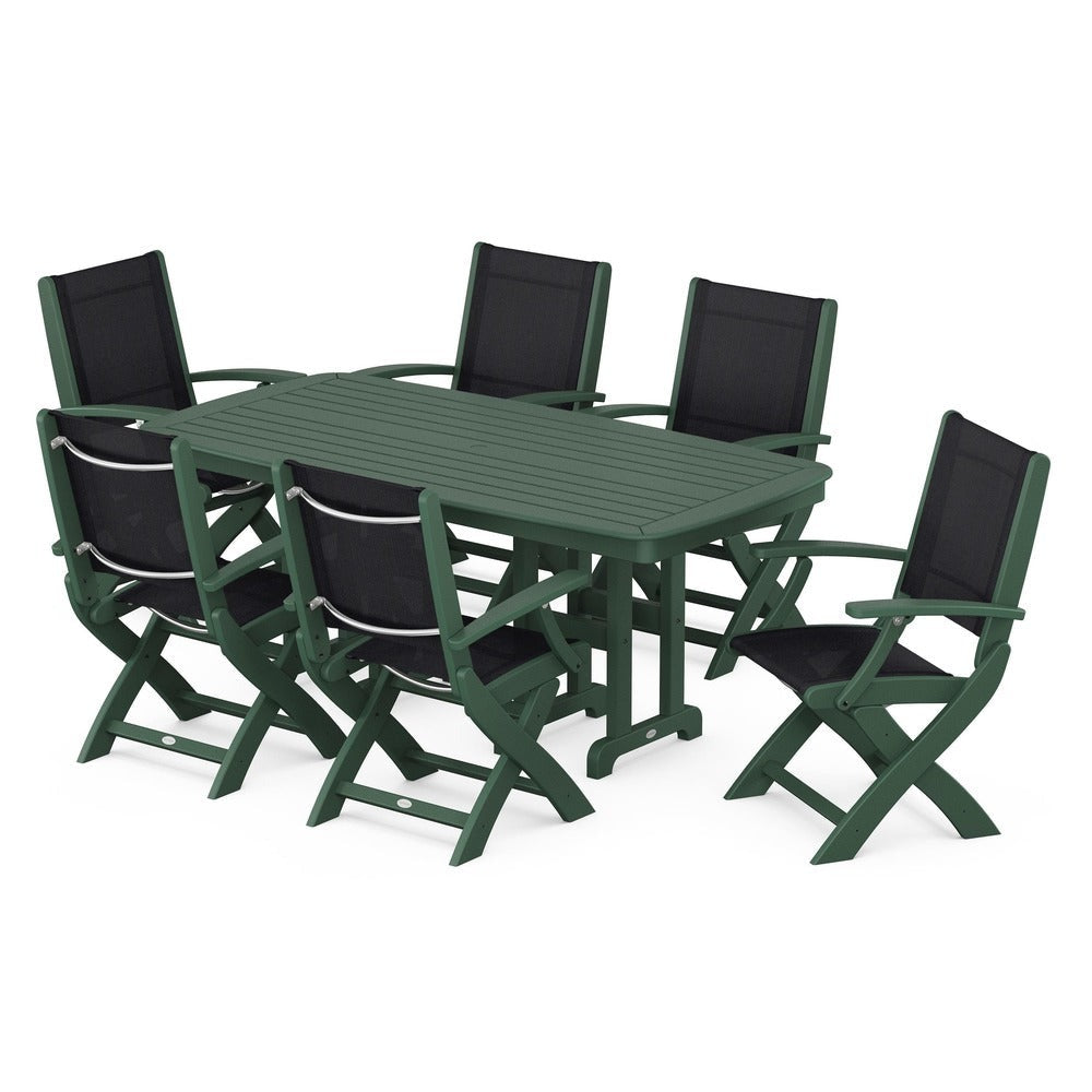 POLYWOOD® Outdoor Furniture Green / Black Sling POLYWOOD® - Coastal Folding Arm Chair 7-Piece Dining Set - PWS154-1