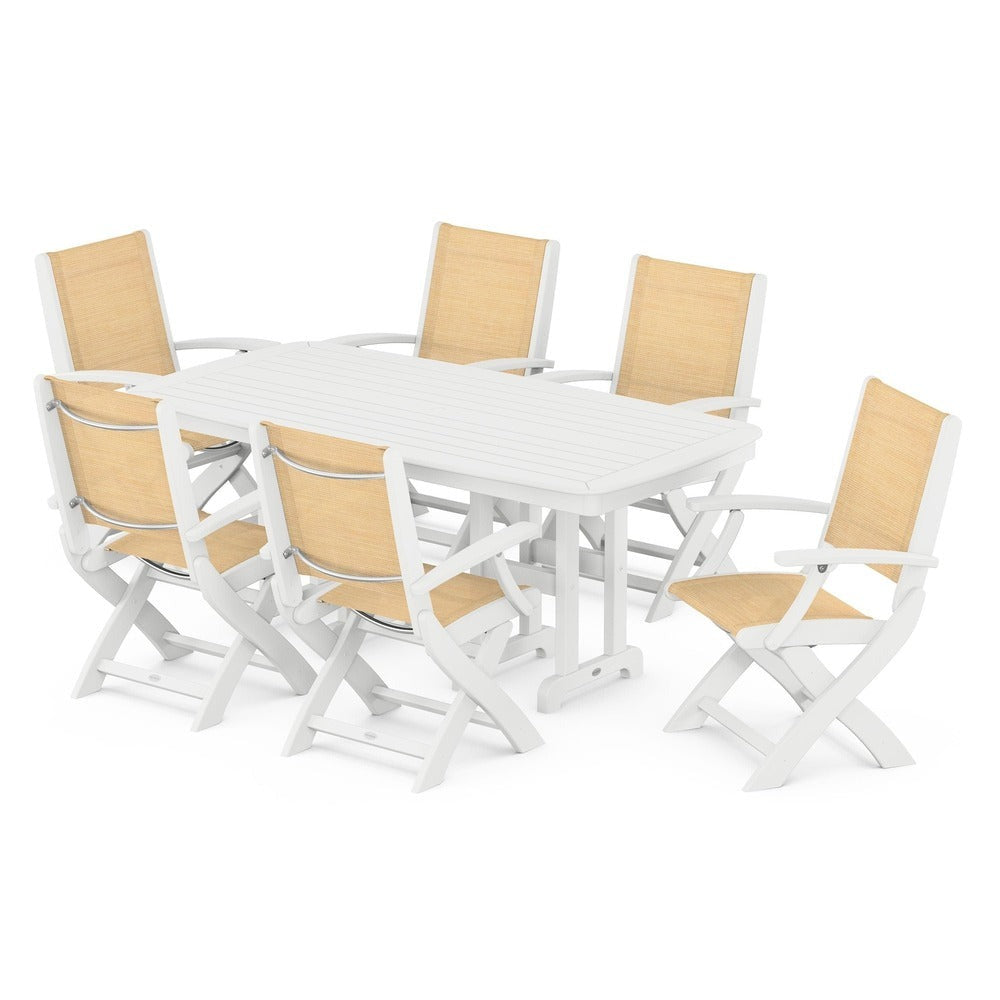 POLYWOOD® Outdoor Furniture White / Dupioni Apricot Sling POLYWOOD® - Coastal Folding Arm Chair 7-Piece Dining Set - PWS154-1
