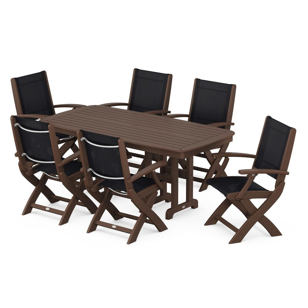 POLYWOOD® Outdoor Furniture Mahogany / Black Sling POLYWOOD® - Coastal Folding Arm Chair 7-Piece Dining Set - PWS154-1