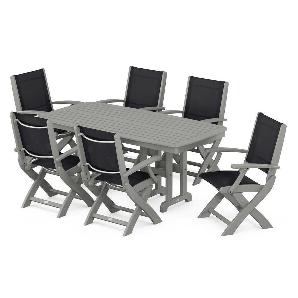 POLYWOOD® Outdoor Furniture Slate Grey / Black Sling POLYWOOD® - Coastal Folding Arm Chair 7-Piece Dining Set - PWS154-1