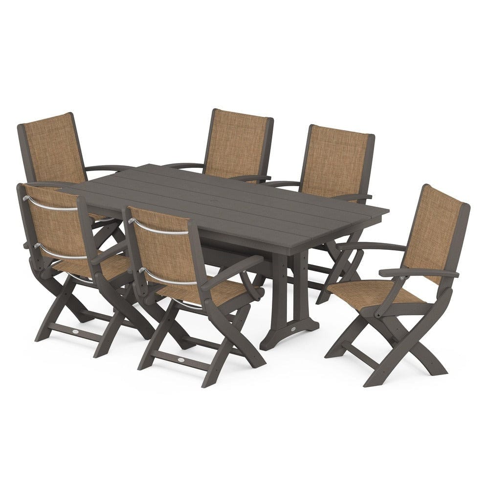 POLYWOOD® Outdoor Furniture Vintage Coffee / Burlap Sling POLYWOOD® - Coastal Folding Arm Chair 7-Piece Farmhouse Dining Set with Trestle Legs - PWS292