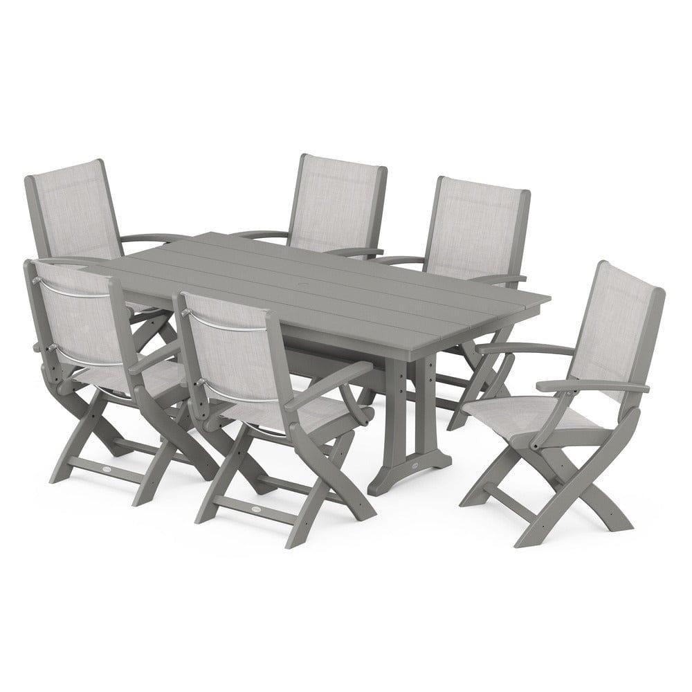 POLYWOOD® Outdoor Furniture Slate Grey / Parchment Sling POLYWOOD® - Coastal Folding Arm Chair 7-Piece Farmhouse Dining Set with Trestle Legs - PWS292