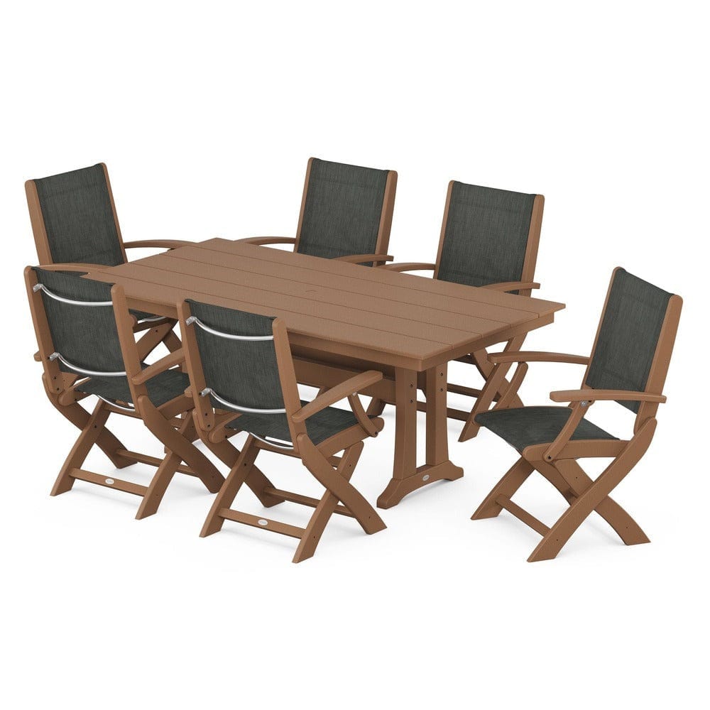 POLYWOOD® Outdoor Furniture Teak / Ember Sling POLYWOOD® - Coastal Folding Arm Chair 7-Piece Farmhouse Dining Set with Trestle Legs - PWS292