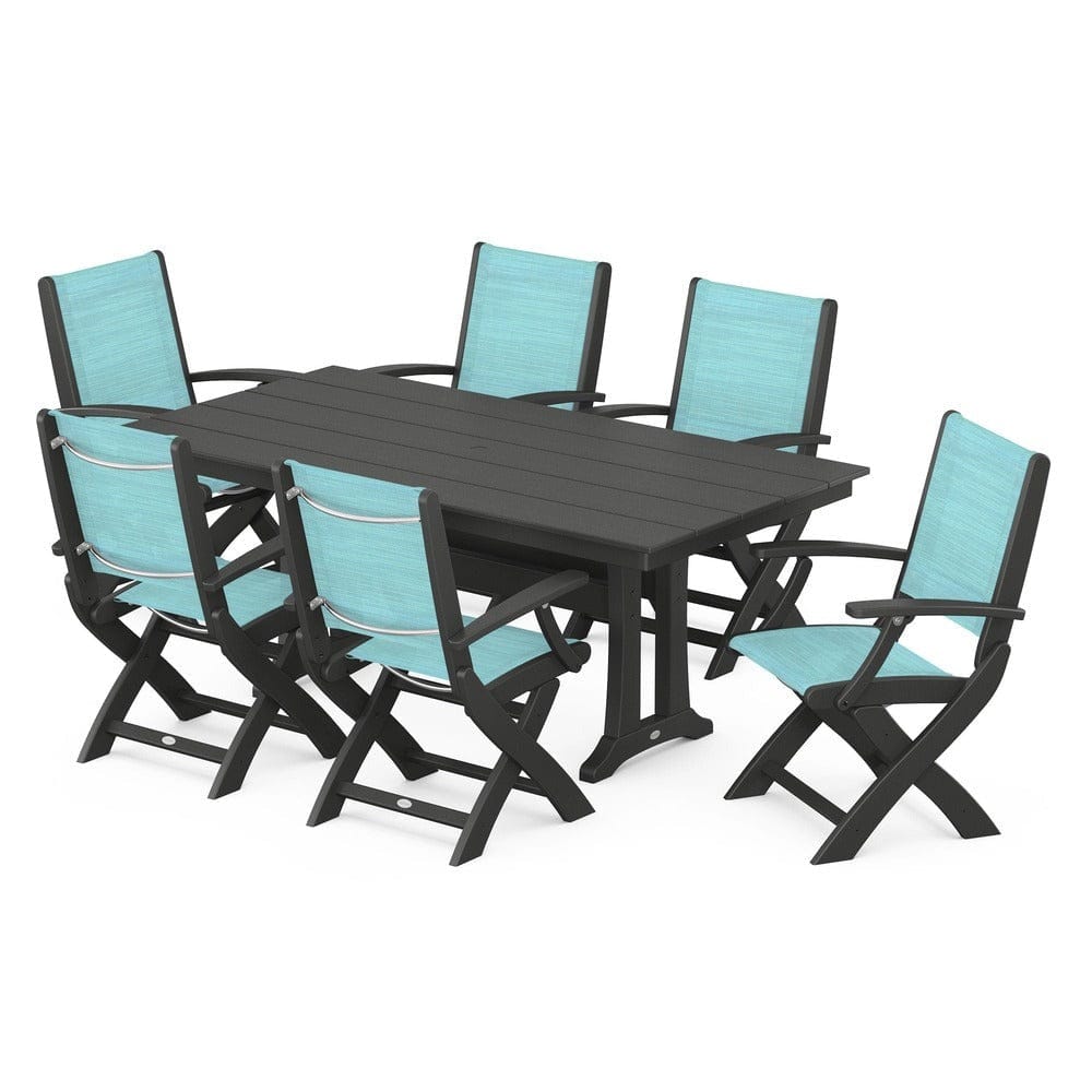 POLYWOOD® Outdoor Furniture Black / Dupioni Aquamarine Sling POLYWOOD® - Coastal Folding Arm Chair 7-Piece Farmhouse Dining Set with Trestle Legs - PWS292