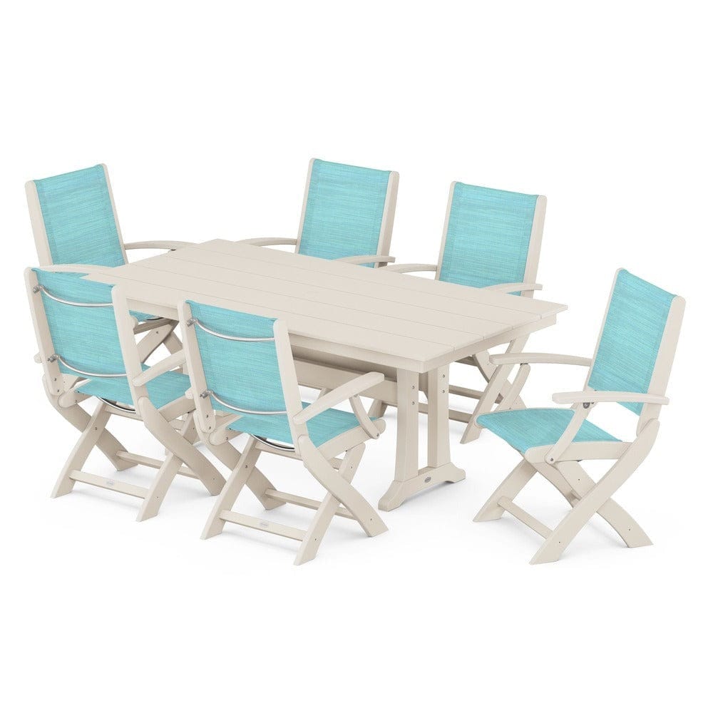 POLYWOOD® Outdoor Furniture Sand / Dupioni Aquamarine Sling POLYWOOD® - Coastal Folding Arm Chair 7-Piece Farmhouse Dining Set with Trestle Legs - PWS292